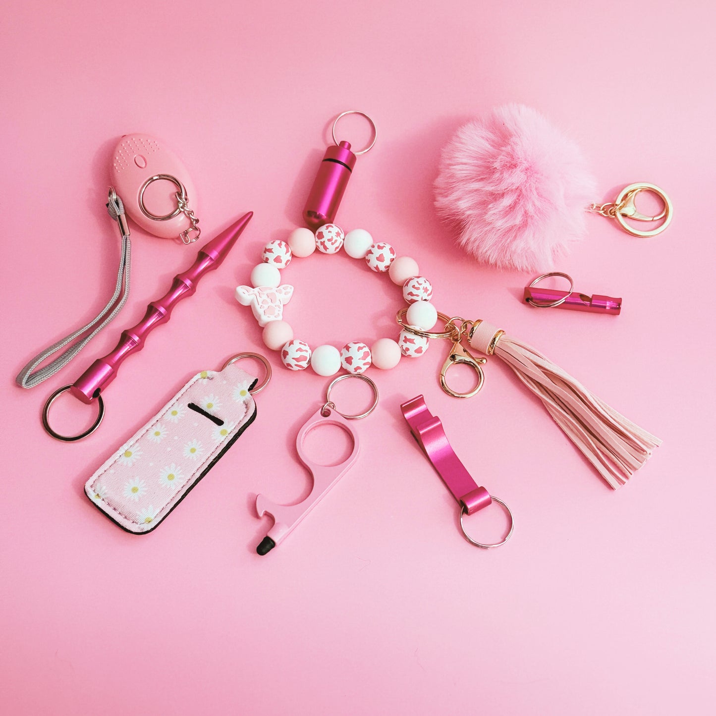 Pink Custom 10-piece Defensive Women's Personal Safety Product Multi-functional Self Defence Keychain Set for Gift