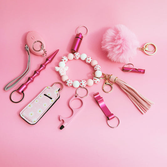 Pink Custom 10-piece Defensive Women's Personal Safety Product Multi-functional Self Defence Keychain Set for Gift