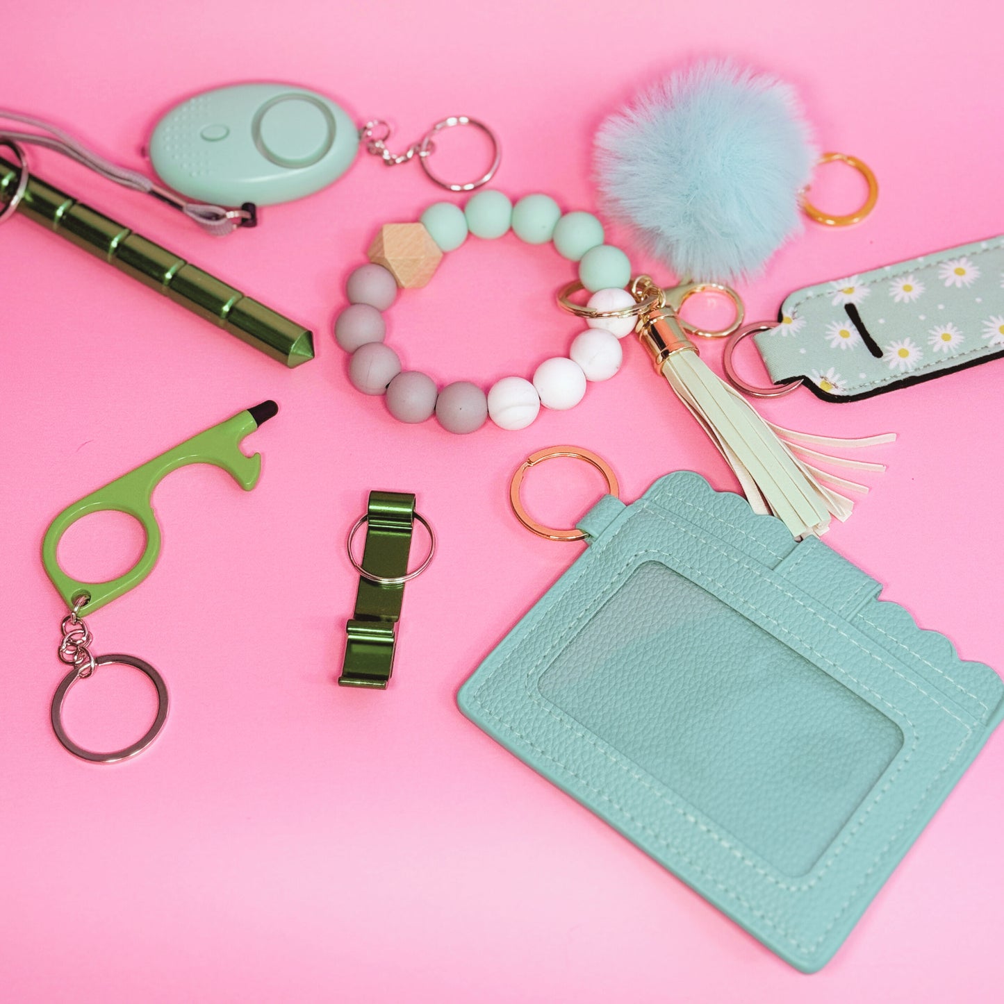 Teal/Green Custom 9-piece Defensive Women's Personal Safety Product Multi-functional Self Defense Keychain Set for Gift