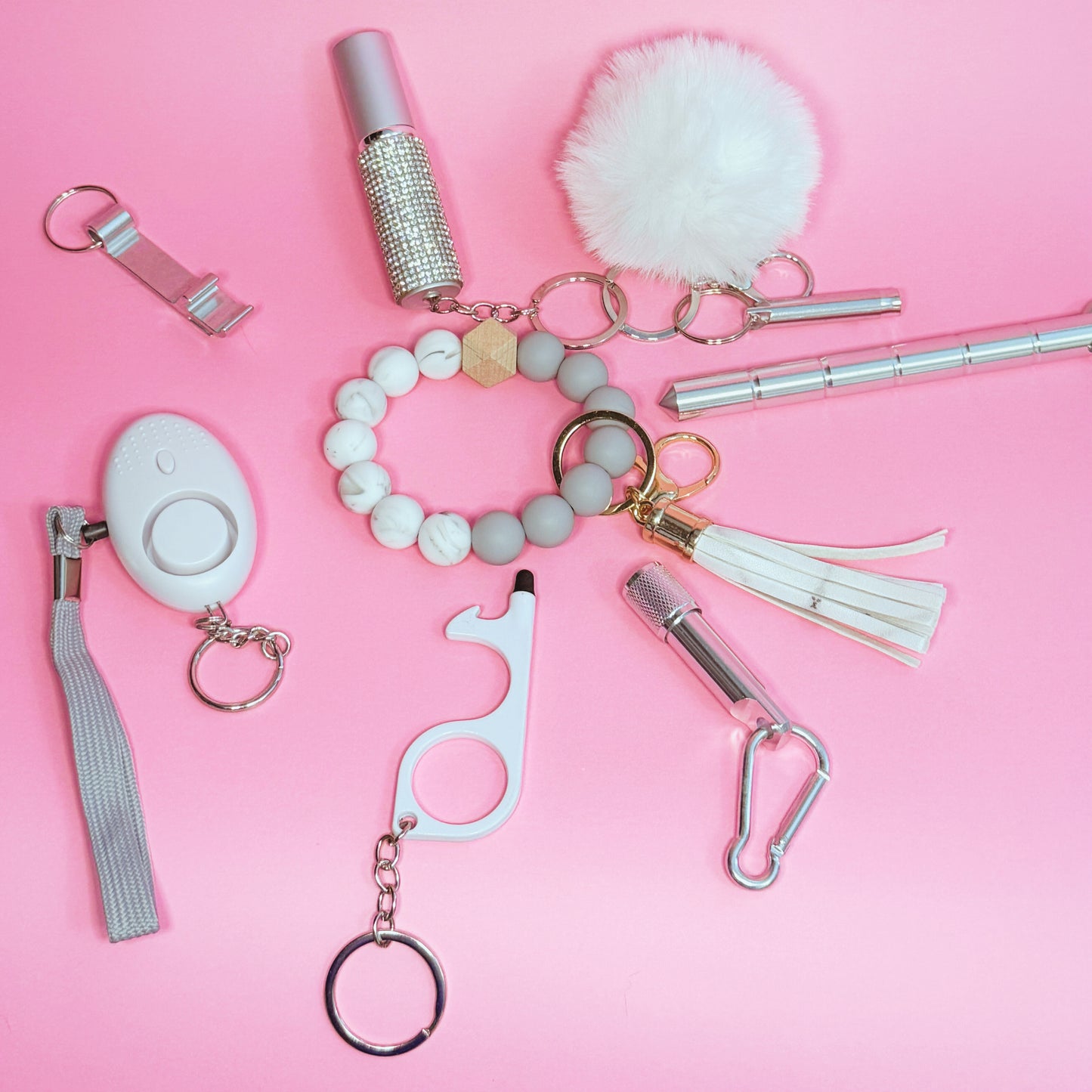White Custom 10-piece Defensive Women's Personal Safety Product Multi-functional Self Defense Keychain Set for Gift