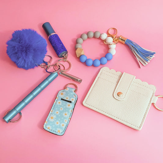 Blue Custom 8-piece Defensive Women's Personal Safety Product Multi-functional Self Defence Keychain Set for Gift