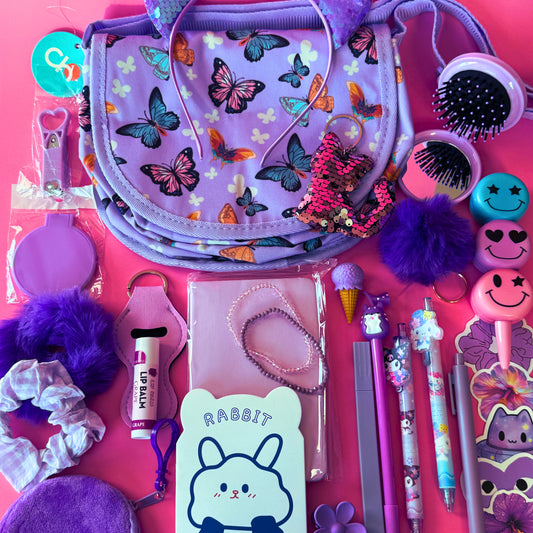 Purple Crossbody Bag & Kawaii Stationery Mystery Box – Journals, Pens, Scrunchies & Surprises